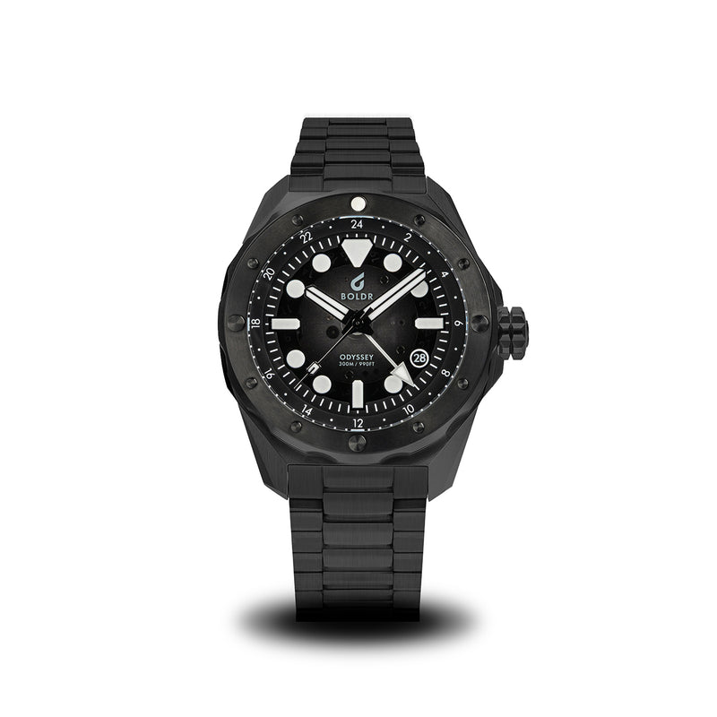 BOLDR Odyssey Orca 40mm black DLC titanium GMT dive watch frontal studio image