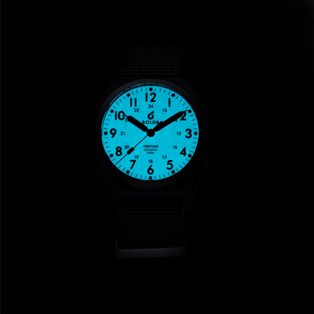 BOLDR Venture Blue Moon glowing dial