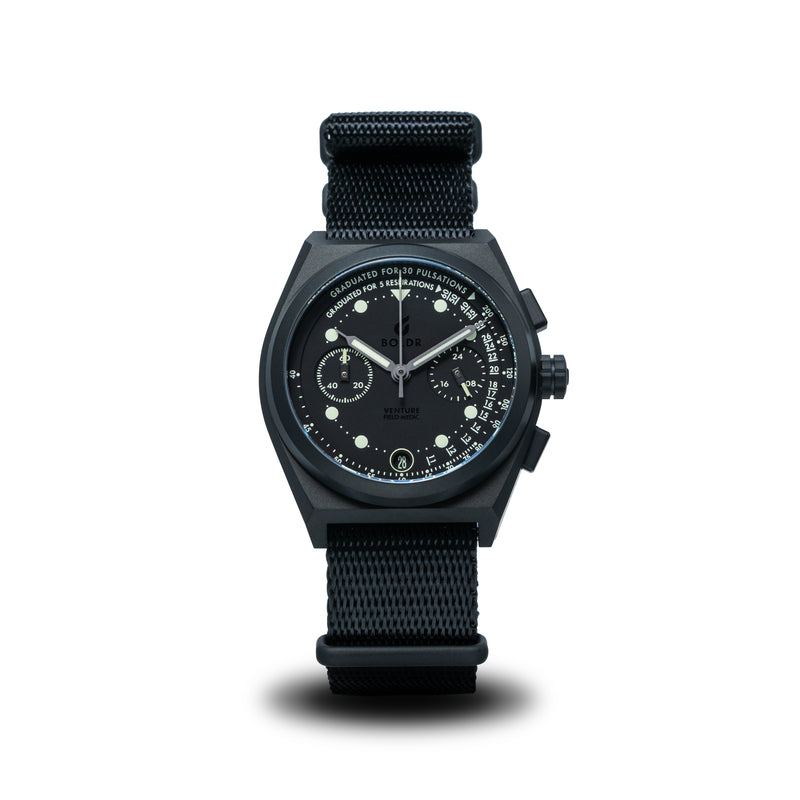 BOLDR Field Medic Stealth black PVD titanium chronograph straight front
