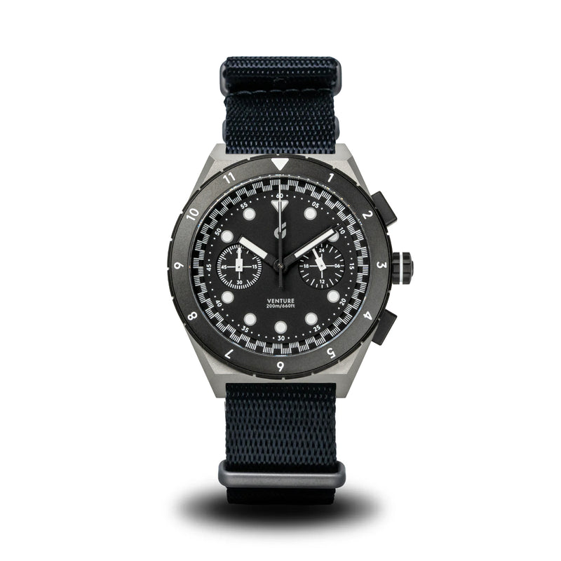 BOLDR Venture Velo Nocturne black white dial chronograph front with black nylon strap